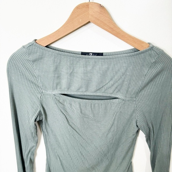 7 For All Mankind Green Ribbed Front Cutout Long Sleeves Top Size XS - Picture 3 of 6
